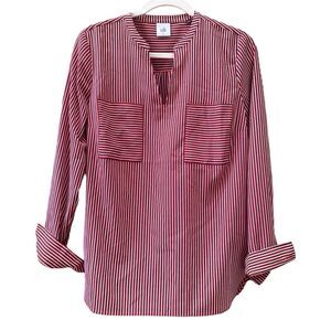 CABI Franklin Split V-Neck Long Sleeve Tunic Red White Blue Stripe Womens Small